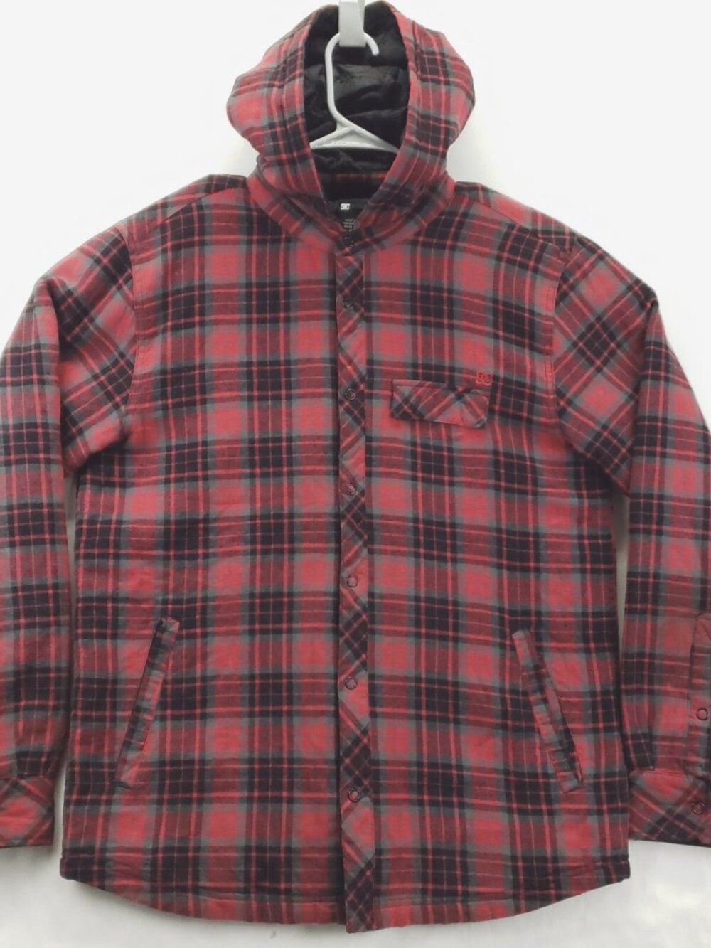 DC Hoodie Mens Medium Red Black Plaid Long Sleeve 100% Cotton Pockets Snap